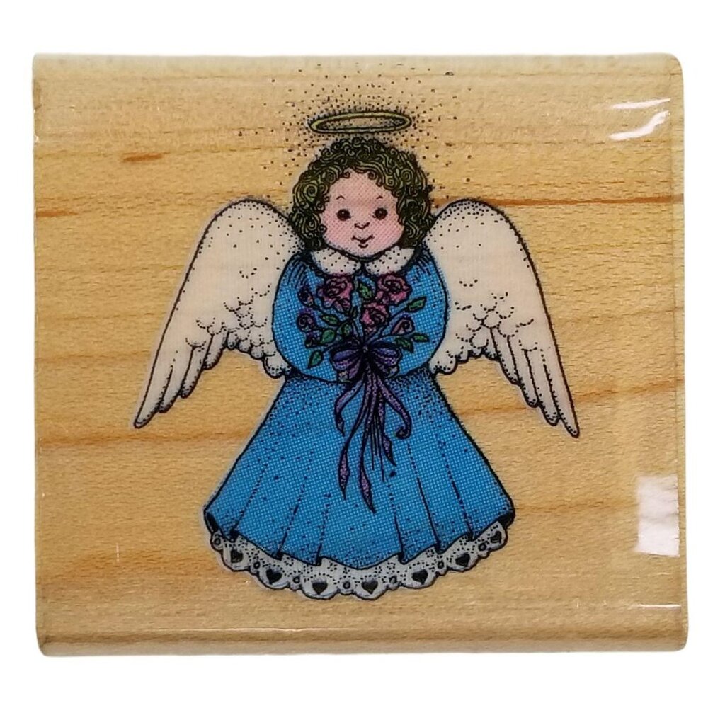 Hero Arts 1989 Vintage Rubber Stamp B-149 Dainty Angel Halo Wings Blue Dress